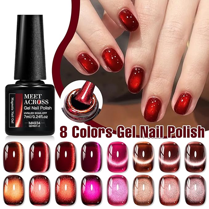 MEET ACROSS 9Pcs Cat Eye Gel Nail Polish Glitter Magnetic Cat Eye Gel Polish Set, Sparkle Red Purple Cateye Gel Polish with Magnet, Soak Off Led Nail Art Manicure Salon Gifts