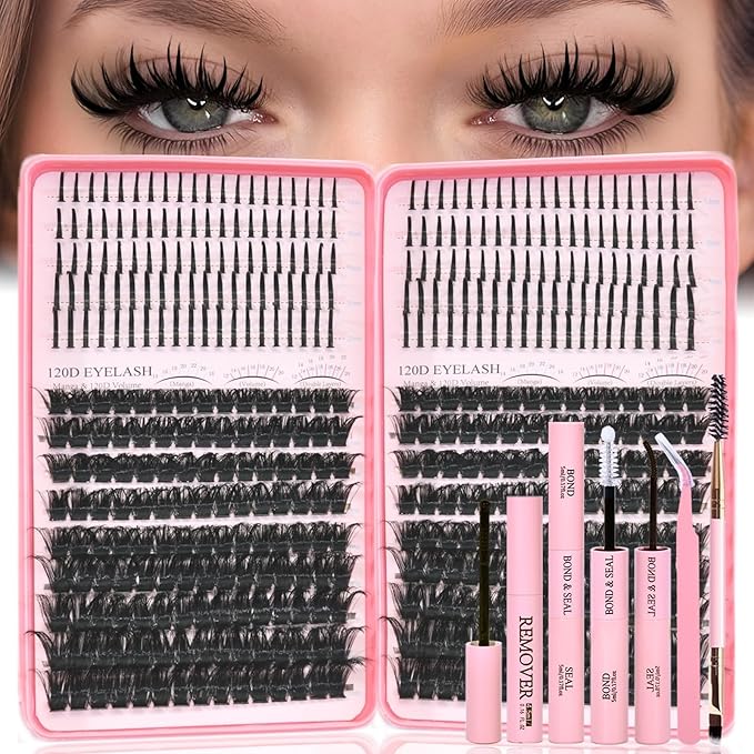 Lash Clusters Kit with Spikes, 120D+120D Eyelash Clusters Extensions Individual D Curl Fluffy Wispy False Eyelashes DlY Manga Lashes Extension Kit (12-22mm, Lash Clusters Kit)
