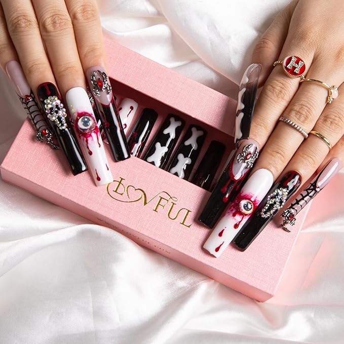 LOVFUL Press on Nails Final Destination | Handmade with Full Covered Crystals | Reusable Fake Nails | Square | H133-S, pink