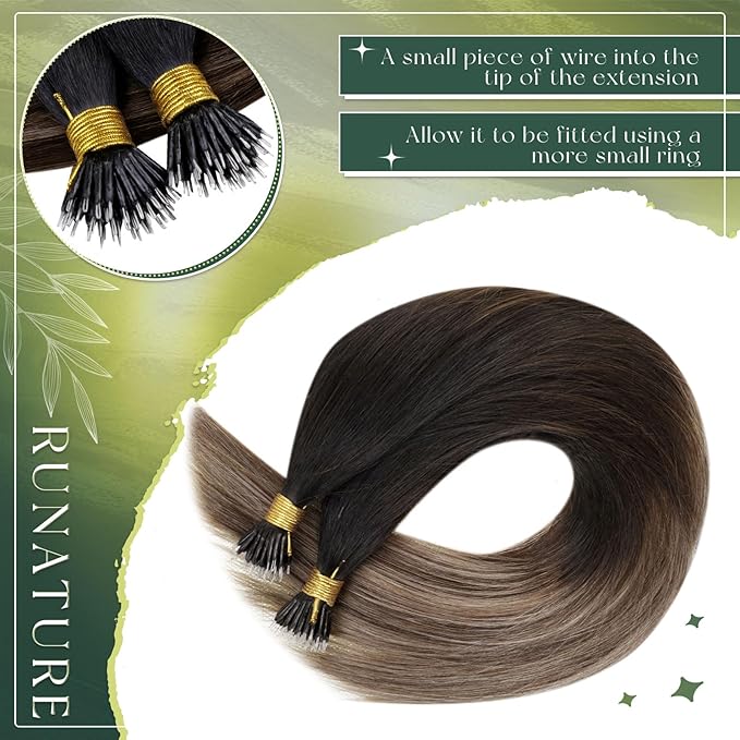 RUNATURE Nano Hair Extensions Human Hair Black Ombre Brown Blonde Balayage Nano Ring Hair Extensions Human Hair 14 Inch 50 Gram
