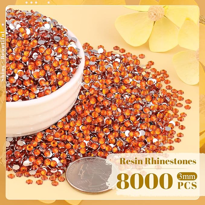 8000PCS 3mm Resin Rhinestones Bulk for Crafting (Orange), Flatback Bedazzling Crystals for Crafts DIY Nail Decoration, Gems Charms for Tumbler Shoes Clothing Fabric with Pickup Pen and Tweezers