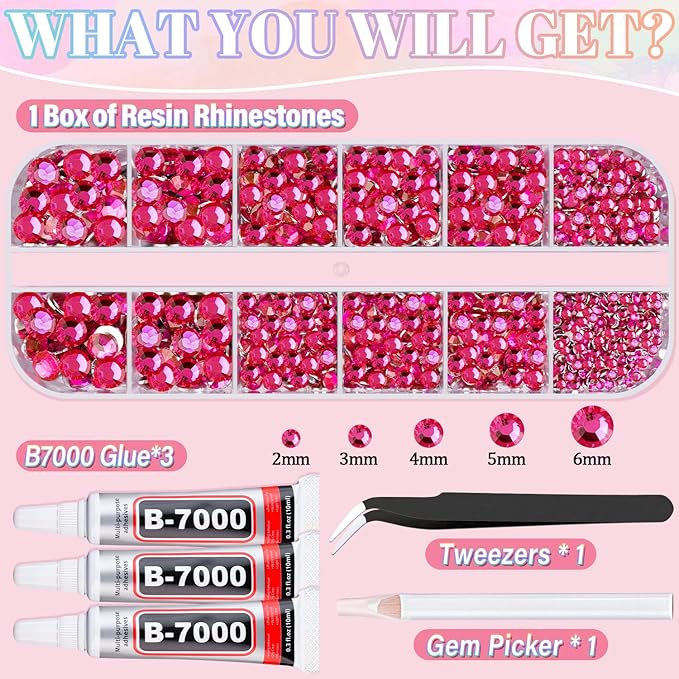 Resin Rhinestones for Crafting with 3Pcs 10ml B7000 Jewelry Glue, 1 Box Hot Pink Flatback Gems Crystals Diamond for Bedazzling Crafts DIY Nail Art Makeup, Gems for Clothing Tumblers Shoes