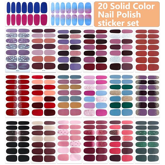 WOKOTO 20 Sheets Mixed Solid Color Nail Polish Stiers Full Nail Wraps For Women Self-Adhesive 280 Tips Press On Nail Polish Strips Gel Stickers For Nails With Nail File Easy Apply Color Strips Sheets