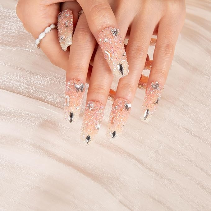 LOVFUL Press on Nails Berry Shake | Handmade with Full Covered Crystals | Reusable Full Cover Nails | Coffin Classic Regular 1.3 in | H56-L