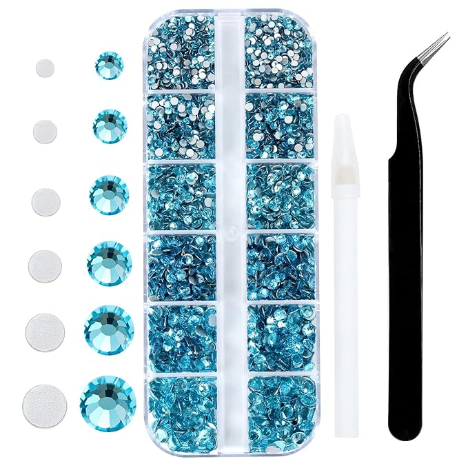 4240Pcs Aquamarine Flatback Rhinestones 6 Sizes Crystal Diamonds for Nail Art Crafts Clothes Shoes with Tweezers and Picking Pen
