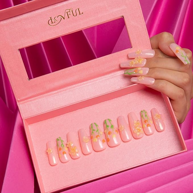 LOVFUL Press on Nails Flower Refresher | Handmade with Full Covered Crystals | Reusable Full Cover Nails | Coffin Classic Regular 1.3 in | H313-S