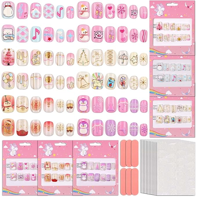 Fake Nails Set for Kids 144Pcs, Shynek 6 Pack Press on Nails Mini False Nails Girls Manicure Set for Children Toddlers, Cute Stuff for Girls Gift