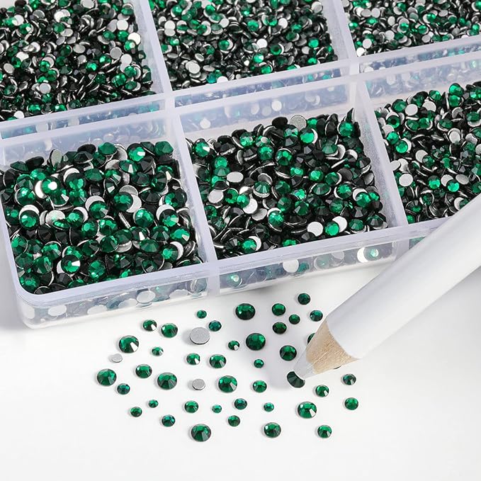 Beadsland 7200pcs Flatback Rhinestones,Green Rhinestone Nail Gems Round Crystal Rhinestones for Crafts,Mixed 6 Sizes with Wax Pencil Kit, SS3-SS10,Emerald