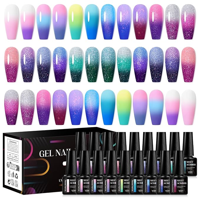 MEET ACROSS 18Pcs Color Changing Gel Nail Polish Set Pink Purple Blue Green Temperature Change Gel Polish Soak Off UV/LED Glitter Mood Temperature Color Change Gel Manicure Kit