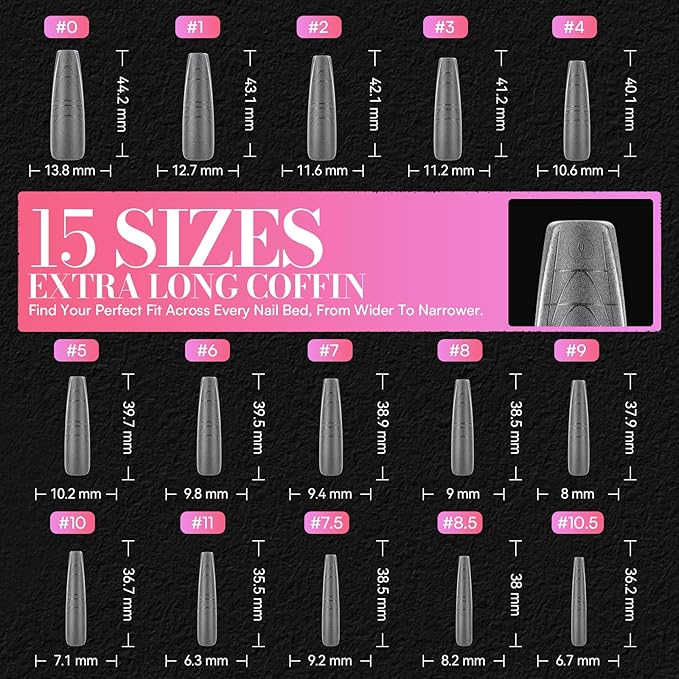 Makartt Extra Long Coffin Nail Tips with Length and Shape Guides, 240PCS 15 Sizes XXL Ballerina Full Cover Clear Matte False Nails with Alignment Scales for Press on Extensions DIY Manicure