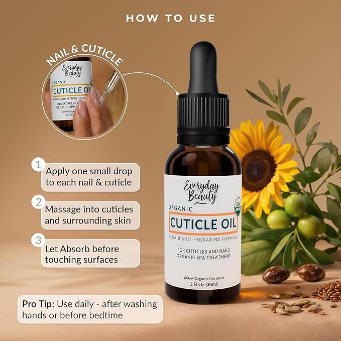 Organic Cuticle & Nail Oil - Repair, Revitalize & Hydrate Cuticles and Nails - Organic Spa Treatment - For Stronger Healthier Nails and Cuticles - 1 Fl Oz Glass Bottle with Nail Brush and Dropper