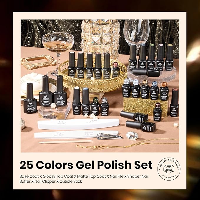 beetles Gel Polish Set - Gel Nail Polish Kit Gilded Veil 25 Colors Black White Burgundy Blue Nude Grey Green Glitters UV Led Nail Polish with Top Base Coat Soak off Nail Art Gift for Women