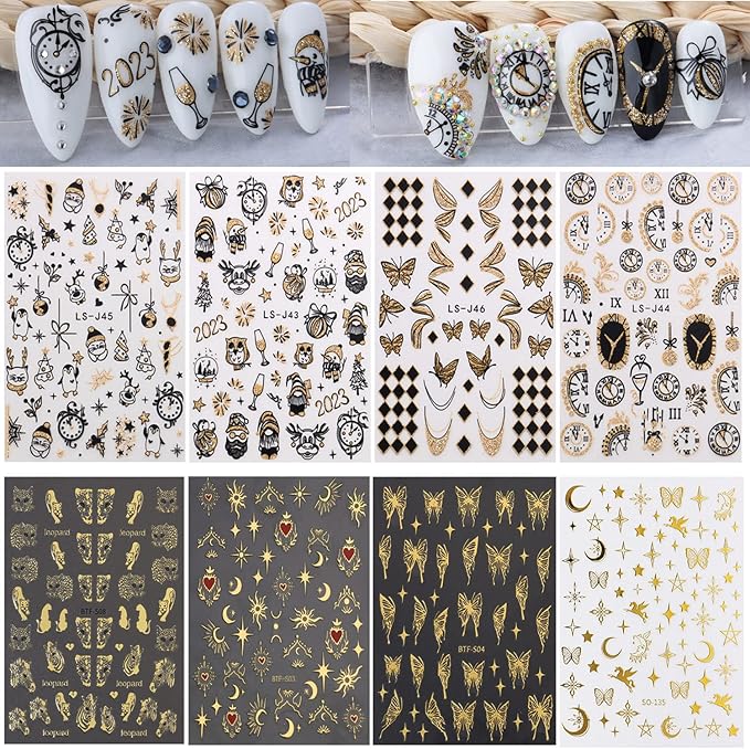 Gold Nail Art Stickers, Leopard Butterfly Sun Moon Star Clocks Watches Nail Self-Adhesive Sticker Designs, 3D Gold Nail Transfer Decals Supplies for Women Manicure Decorations, DIY Nail Decal