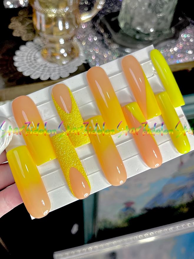 HAND-PAINTED White Press Ons Neon Small Press on Nails Long French Press on Nails Coffin Medium Short Nail art Fake Nail Art Kit with 7g Glue on Nails Handmade Almond Square Nails (Large, J12)