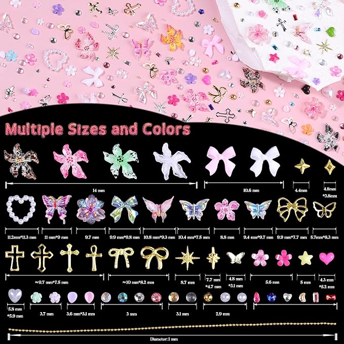 5 Boxes Gold & Silver Metal Nail 3D Punk Studs Flower Petals Heart Bows Star Pearls Rhinestones Nail Charms Nail Art Jewels with Tweezers and Nail Brush and Wax Pen Picker (10-multishapes charms)