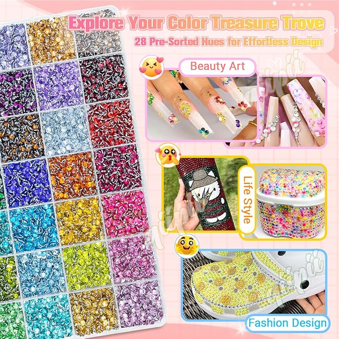 28 Color 4mm Crystal Resin Rhinestones w B7000 Glue for Bedazzling Crafting SS16 Flatback Colorful Stones Crystals Gems Diamonds Bedaazler Kit for Nails Eyes Face Makeup Tumblers Bottles Crafts