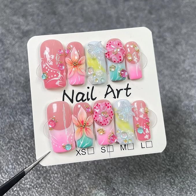 Handmade Press on Nails Square Medium Fake Nails pink Gradient French Tips Nails Press Ons with 3D Floral Design False Nails Luxury Full Cover Glue on Nail for Women Manicure 10Pcs(Size M)