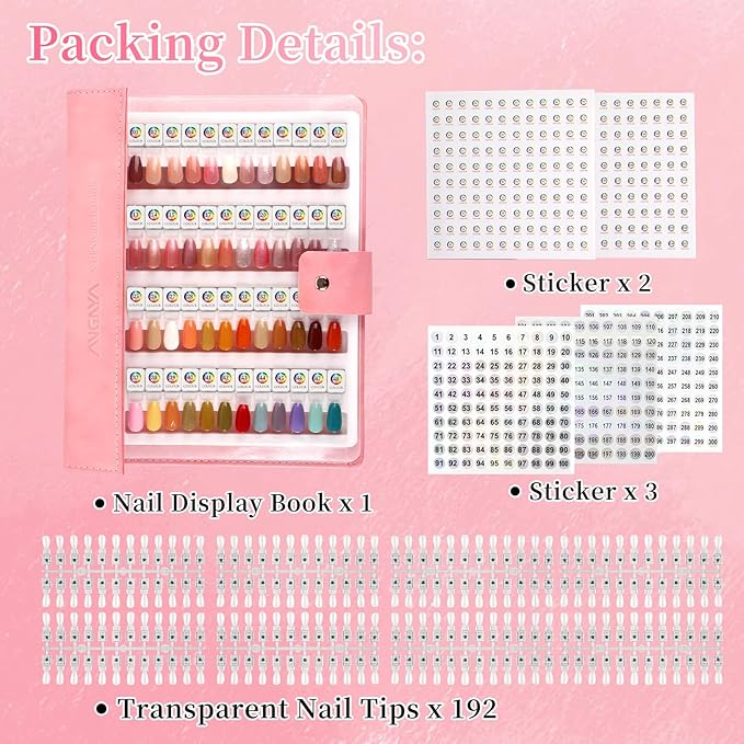 ANGNYA Magnetic Nail Swatch Book, 192 Nail Color Book Leather Nail Sample Display Book with192 Magnetic Tips&1-240 Number Labels, Perfect for Professional Salon Nail Art Color Chart & Practice Stand