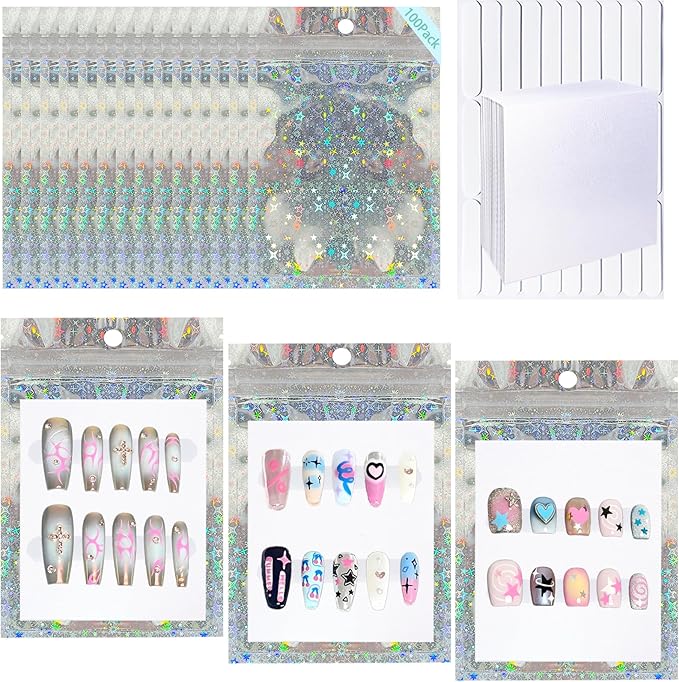 100 PCS Press On Nails Packaging Bag Holographic Nail Storage Bag and 100PCS Shiny White Pearl Card with 7 Sheets Pre-cut Nail Tape (Star)