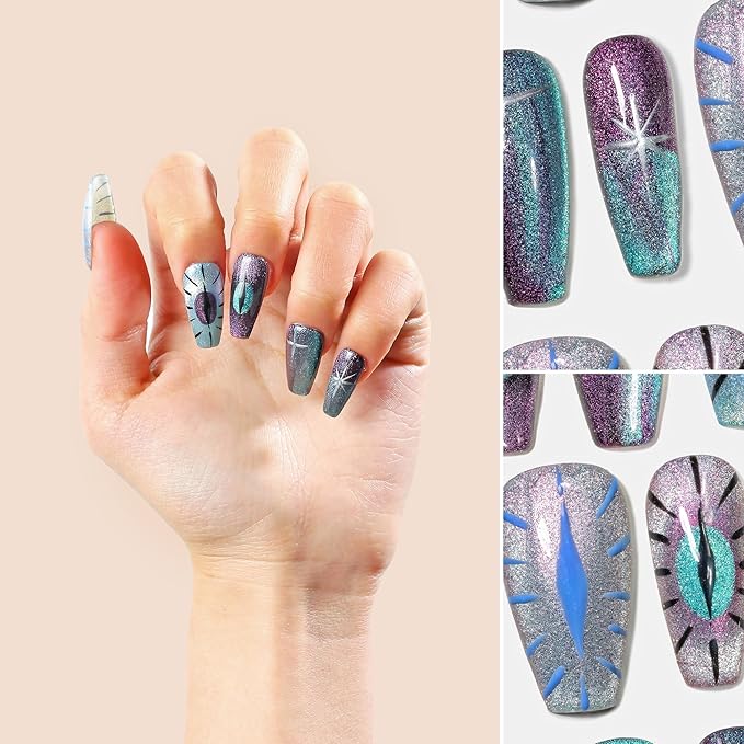 Sun&Beam Nails Handmade Press-on Medium Long Coffin Ballerina Purple Silver Blue Hand-painted Magnet Cool Design Fashionable False Nail Tips 10 Pcs Set (#144 S?