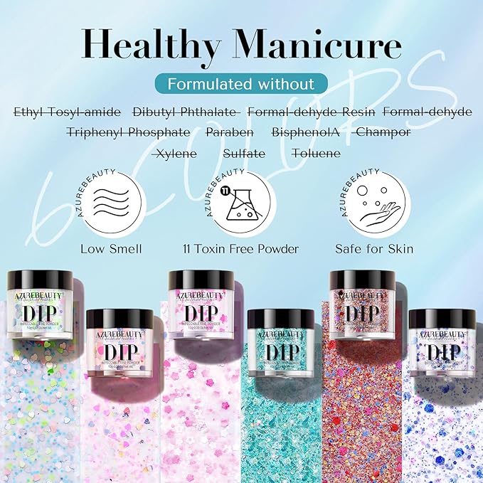 AZUREBEAUTY Dip Powder Nail Set, 6 Colors with Glitter in Pink and Aqua Blue, Light Dark Tones, No Lamp Needed, All Seasons, Dipping Powder Starter Kit for Manicure and Salon Use