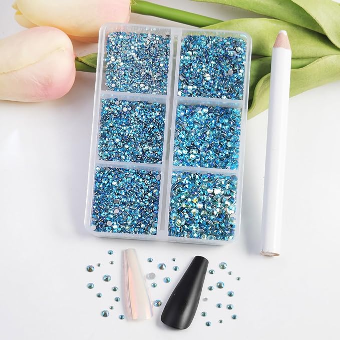 Beadsland 7200pcs Flatback Rhinestones,Blue AB Rhinestone Nail Gems Round Crystal Rhinestones for Crafts,Mixed 6 Sizes with Wax Pencil Kit, SS3-SS10,Aquamarine AB