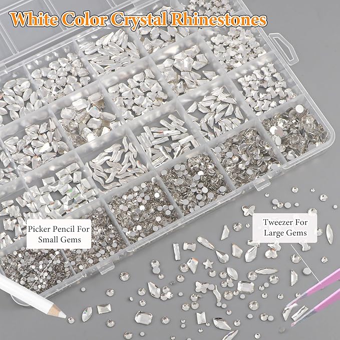 White Nail Art Rhinestones Kit, Multi Shapes Sizes Crystal Flatback Nail Gems Half Round Rhinestones for Nails, White Gems Crystals Rhinestone for Nails Art DIY Supplies Craft