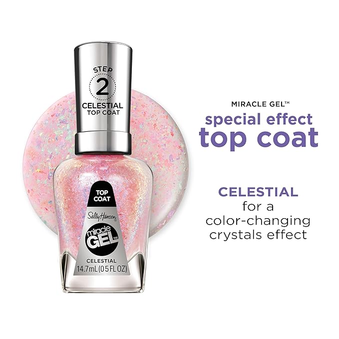 Sally Hansen Miracle Gel Nail Polish Special Effect Top Coat | Salon Quality, Gel-Like Formula, Two-Step System, No UV Light Needed, Long Lasting | 110 Celestial | Sheer Glittery White Nail Polish