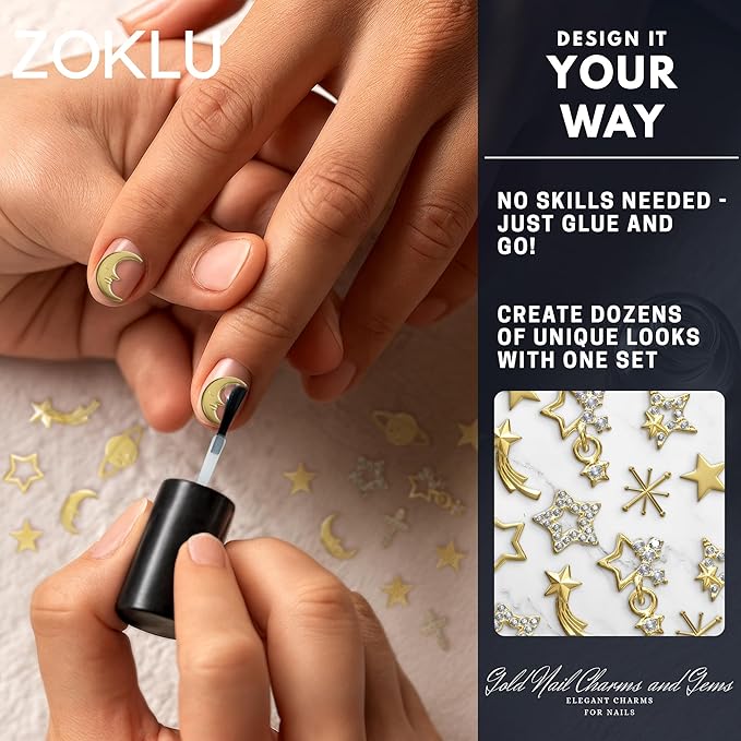 110 Pcs Gold Star Nail Charms – Complete Gold Nail Charms and Gems Kit with Stars, Planets, Moon, Crosses & Rockets – Designed for Creating Detailed, Custom Manicure Designs with Easy Application