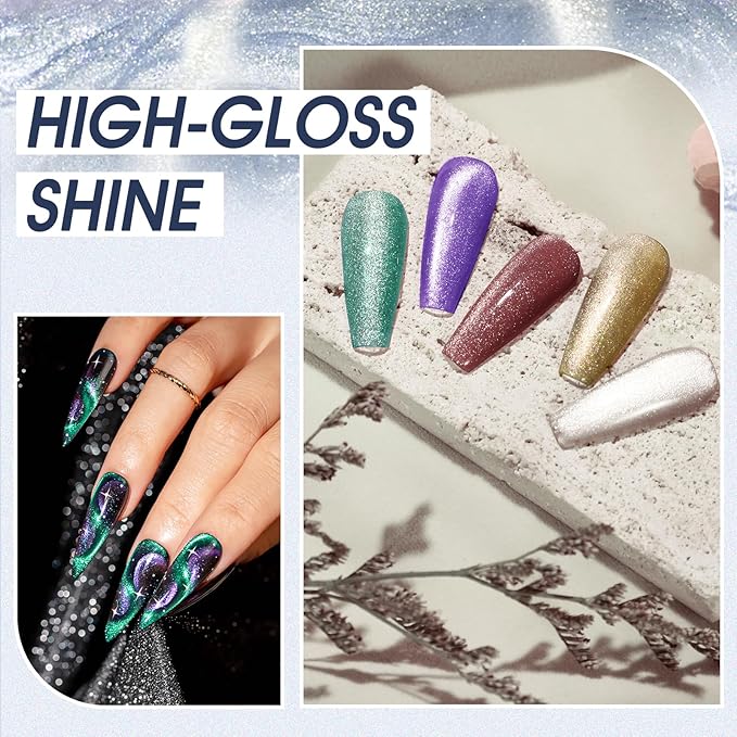 ROSALIND 42pcs gel nail polish set, 12 Colors Cat Eye Gel Polish with 4Pcs Gel Base and Glossy Matte Glitter Top Coat All Seasons Nude Blue Red Nails Gel Kit DIY Salon