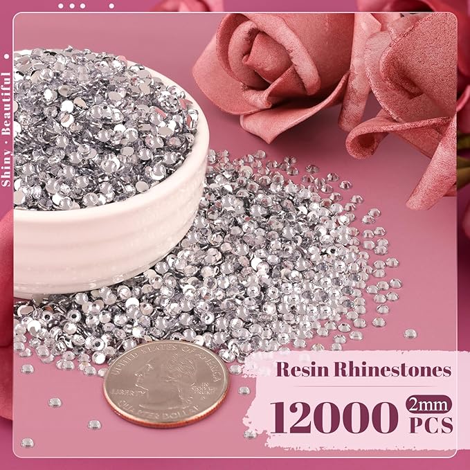 12000PCS 2mm Resin Rhinestones Bulk for Crafting (Clear), Flatback Bedazzling Crystals for Crafts DIY Nail Decoration, Gems Charms for Tumbler Shoes Clothing Fabric with Pickup Pen and Tweezers