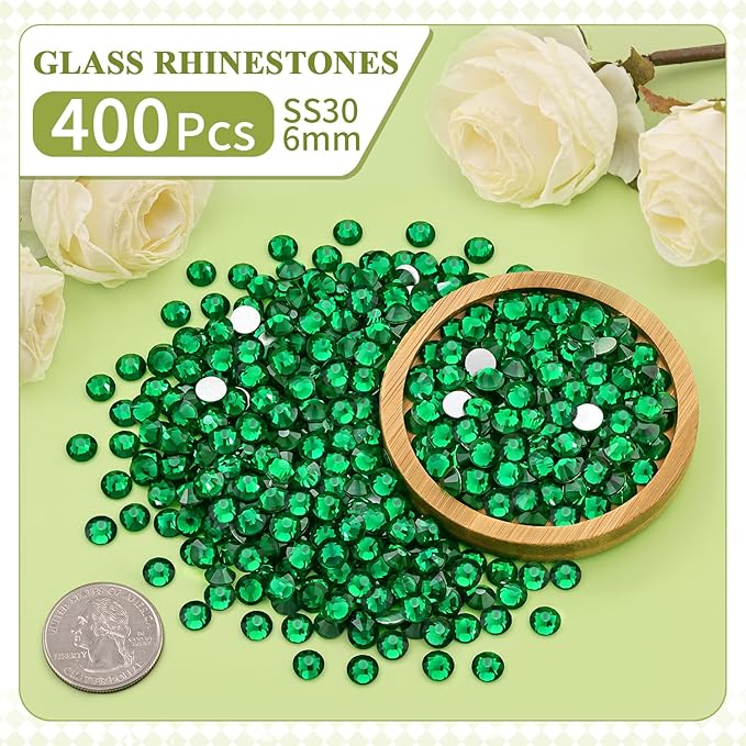 400PCS SS30/6mm Crystal Rhinestones (Emerald Green), Bedazzling Flatback Glass Rhinestones for Crafting, Gems Diomand Charms for Tumbler Shoes Clothing Mugs Nail Art