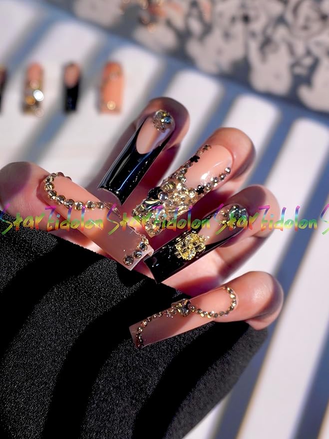 HAND-PAINTED White Press Ons Neon Small Press on Nails Long French Press on Nails Coffin Medium Short Nail art Fake Nail Art Kit with 7g Glue on Nails Handmade Almond Square Nails (Large, J7)