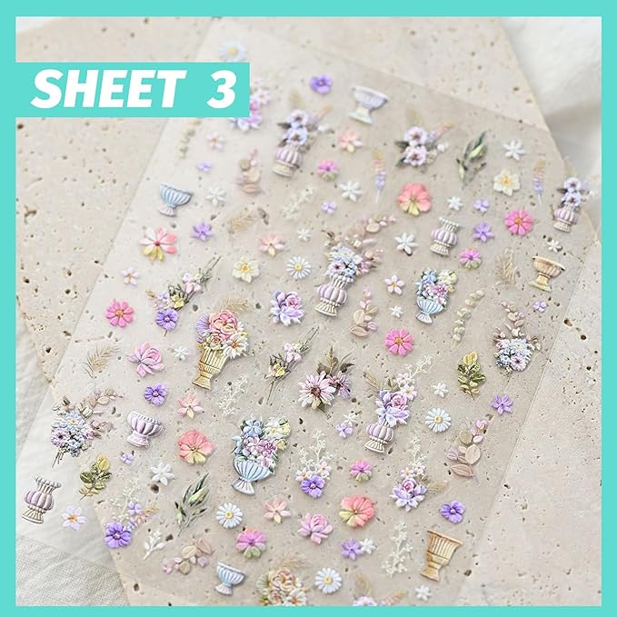 Angel Garden Nail Art Stickers, Rose Flower Nail Decals, Self-Adhesive,Summer Spring Nail Accessories for Women, Nail Decorations 3 Sheets