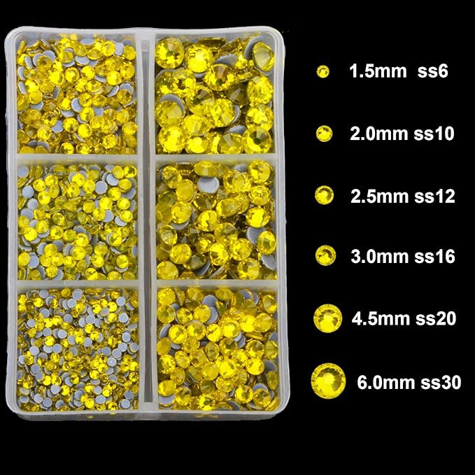 4000pcs Mixed Size Hot Fix Round Crystals Gems Glass Stones Hotfix Flat Back Rhinestones (Yellow)