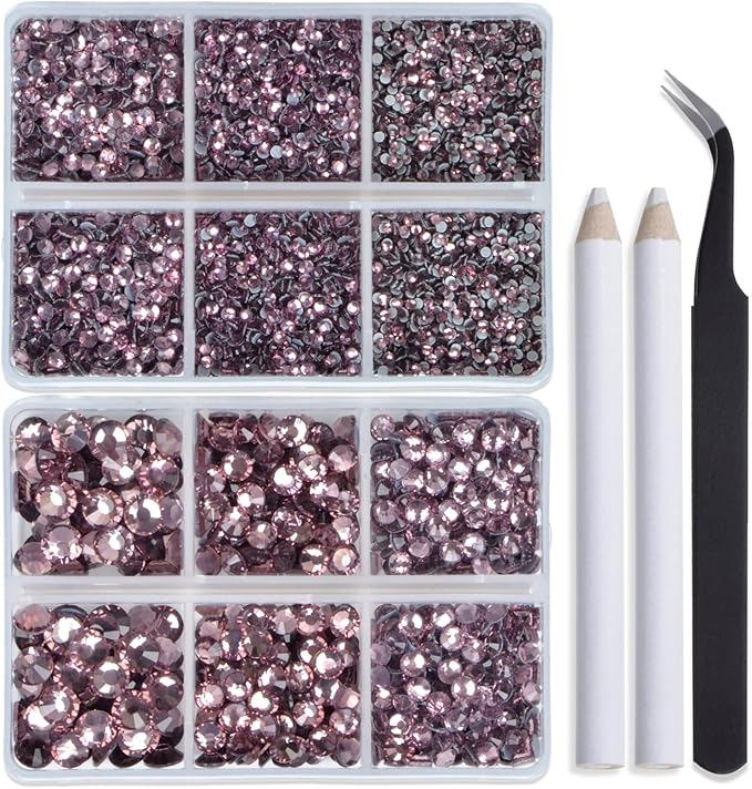 Bymitel Hotfix Crystal Rhinestones Round Gems for Crafts,Mixed 6 Sizes with Wax Pencil Kit, Lt. Amethyst 1.6-6.3mm SS4-SS30/8000pcs