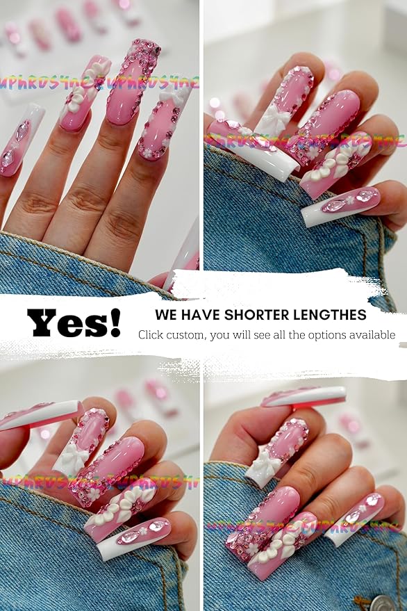 10PCS Pink Glitter Press On Nails – Long Coffin Fake Nails with 3D Flowers, Rhinestones & Scalloped Edge Design, Glossy Reusable Sparkly Nails for Women and Girls – Euphrosyne