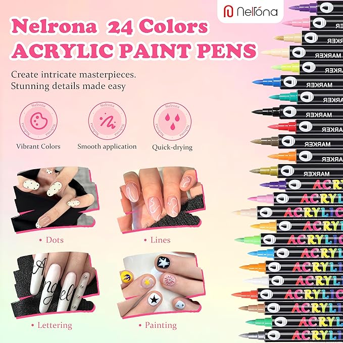 24 Colors Nail Art Pens Dual tips 3D Nail Polish Pens Set 0.7mm Quick-Drying Acrylic Paint Markers Dotting Liner Drawing Pen Manicure Tools Set for Nail Design, DIY Home Salon Manicure Tools