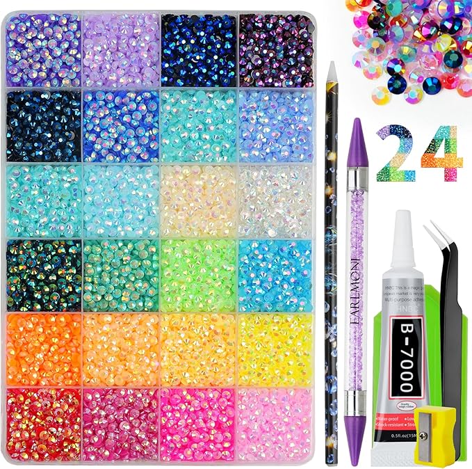 Resin Jelly Rhinestones for Bedazzling, EARLMONI Multi Colord Bedazzler Kit with 15ml B7000 Glue Rhinestone Pen Tool for Clothes Nail Art (B 24 Colors, 4MM)