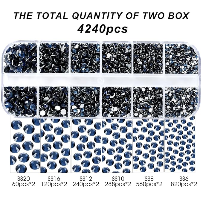 4240Pcs Montana Flatback Rhinestones 6 Sizes Crystal Diamonds for Nail Art Crafts Clothes Shoes with Tweezers and Picking Pen