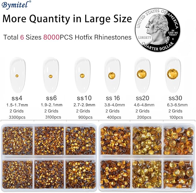 Bymitel Hotfix Crystal Rhinestones Round Gems for Crafts,Mixed 6 Sizes with Wax Pencil Kit, Topaz 1.6-6.3mm SS4-SS30/8000pcs