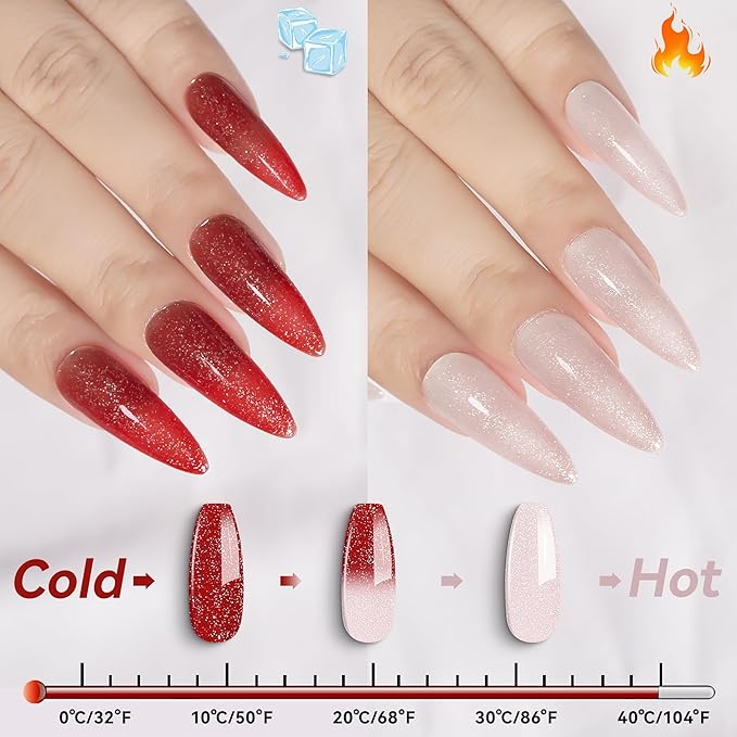 YTD Likomey Color Changing Gel Nail Polish,15ml Light Pink To Red Glitter Mood Temperature Change Colors Ombre Thermal Salon Home Manicure Fall Winter UV Nails Varnish,WB212