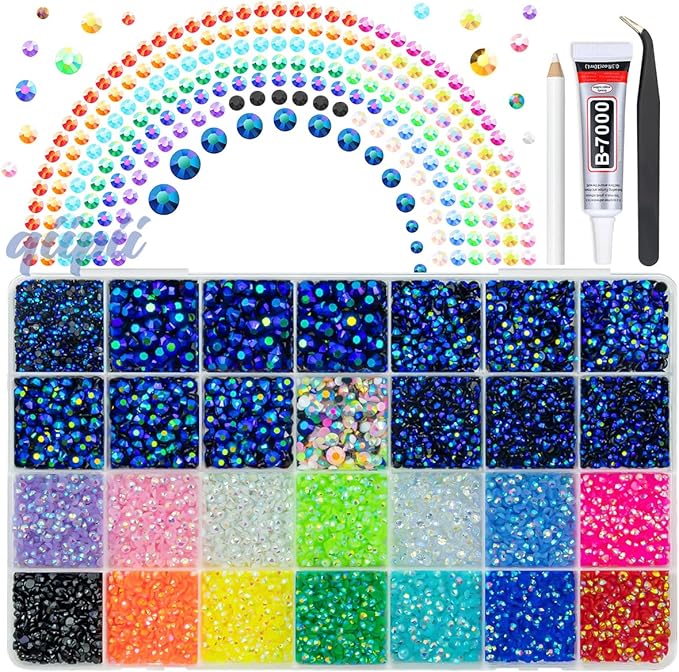 Sapphire Blue AB Resin Rhinestones w B7000 Glue for Crafting Bedazzling 2mm-6mm Flatback Colorful Jelly Stones Diamonds Gems Bedazzler Kit for Nails Face Eyes Makeup Tumblers Bottles DIY Crafts