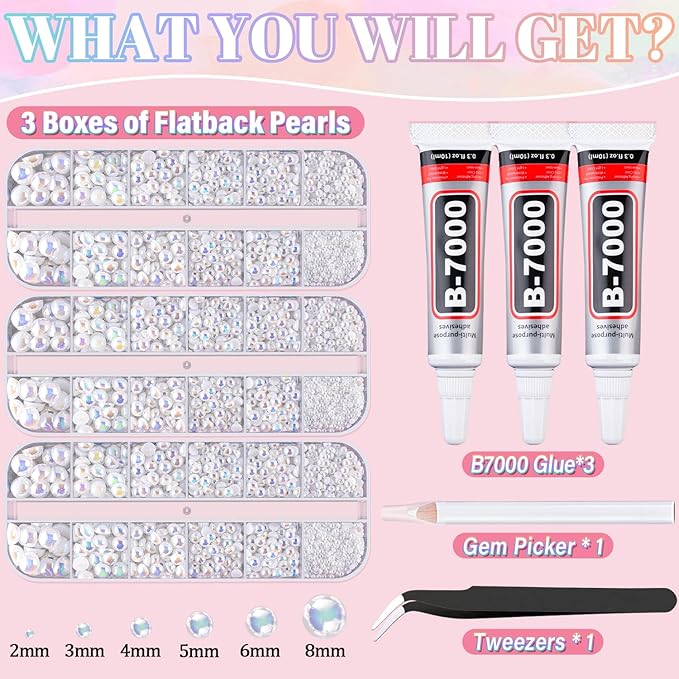 Flatback Pearls for Crafting with 3Pcs 10ml B7000 Jewelry Glue, 3 Boxes of Half Round White AB Pearls, Bedazzling Beads for DIY Crafts Clothing Tumblers Shoes Embellishment Nail Art