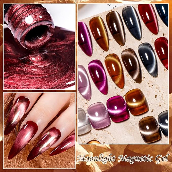 MEET ACROSS Cat Eye Gel Nail Polish Set 12 Pcs, Fall Winter Retro Magnetic Gel Polish, Pink Brown Blue Gray Green Magnetic Nail Polish with Base Top Gel Soak Off Nail Art Salon Manicure Home Gift