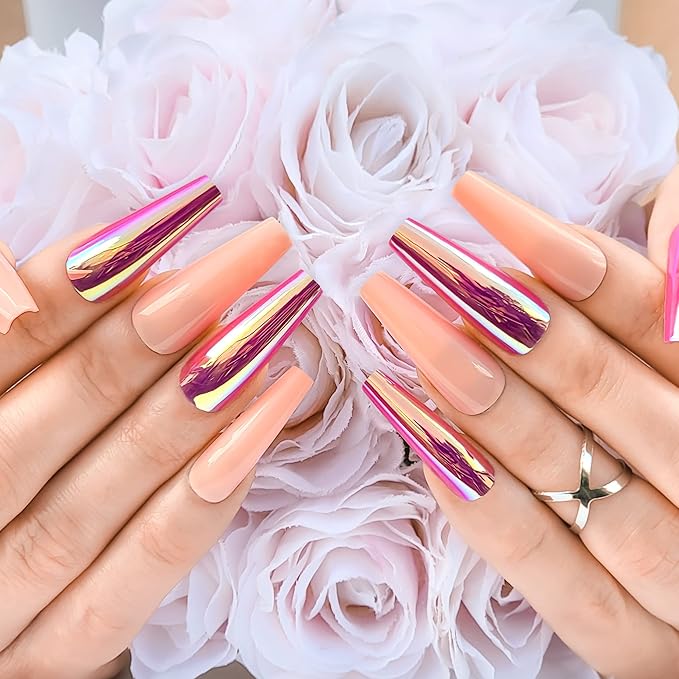 Hypnaughty 24 Pcs Raspberry Golden Chrome & Peach Extra Long Coffin Press On Nails and Glue Reflective Mirror XL False Nails (Raspberry Golden Chrome & Peach)