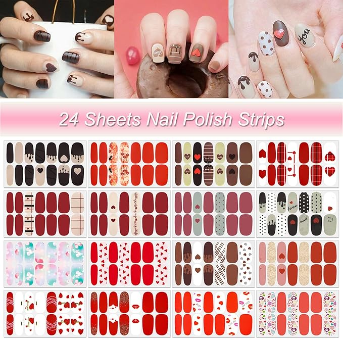 DANNEASY 16 Sheets Red Valentine's Day Nail Wraps, Polish Strips for Women, Self-Adhesive Gel Stickers for Nail Art With File, Cuticle Stick