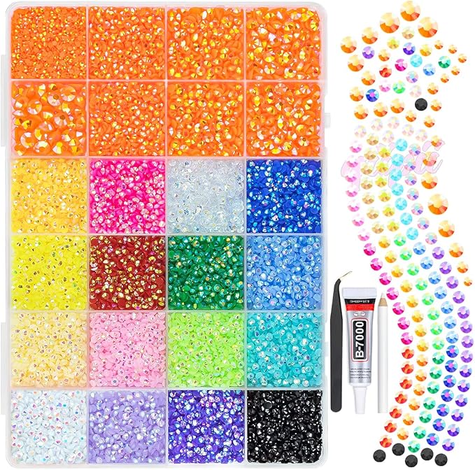 2mm-6mm Orange Red AB Resin Rhinestones w B7000 Glue for Crafting Bedazzling Flatback Colorful Jelly Stones Diamonds Gems Bedazzler Kit for Nails Face Eyes Makeup Tumblers Bottles Crafts Shoes