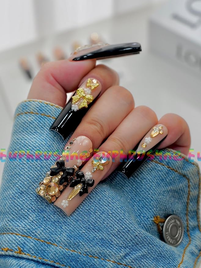 Euphrosyne Y2K Press On Nails – Long Coffin Nails in Black & Nude Pink with Sparkly Rhinestones & 3D Bows | 10pcs Trendy Glam Fake Nails for Party or Daily Wear