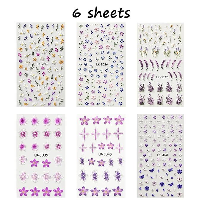 Flower Nail Art Stickers 5D Embossed Flower Nail Decals Spring Summer Pink Flowers Nails Design 3D Self-Adhesive Accessories for Women Nails DIY Decoration(6 Sheets)